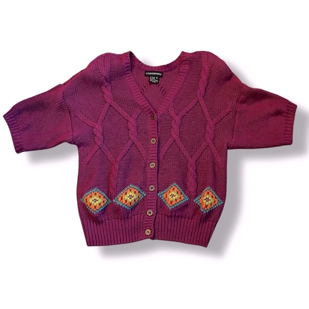 Vintage 90s Counterparts Cardigan Cable Knit  Short Sleeve ButtonUp Korea Medium
